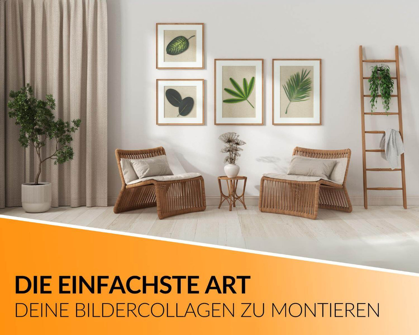 Stilvolle Bildercollage im Wohnzimmer mit WallPad Pro befestigt – ohne Nägel, ohne Werkzeug.
