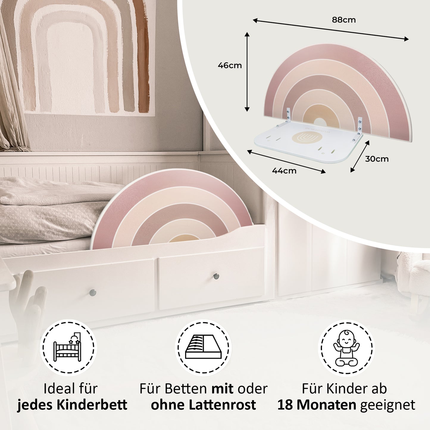Bettgitter mit 88×46 cm – ideal für alle Kinderbetten ab 18 Monaten, auch ohne Lattenrost.