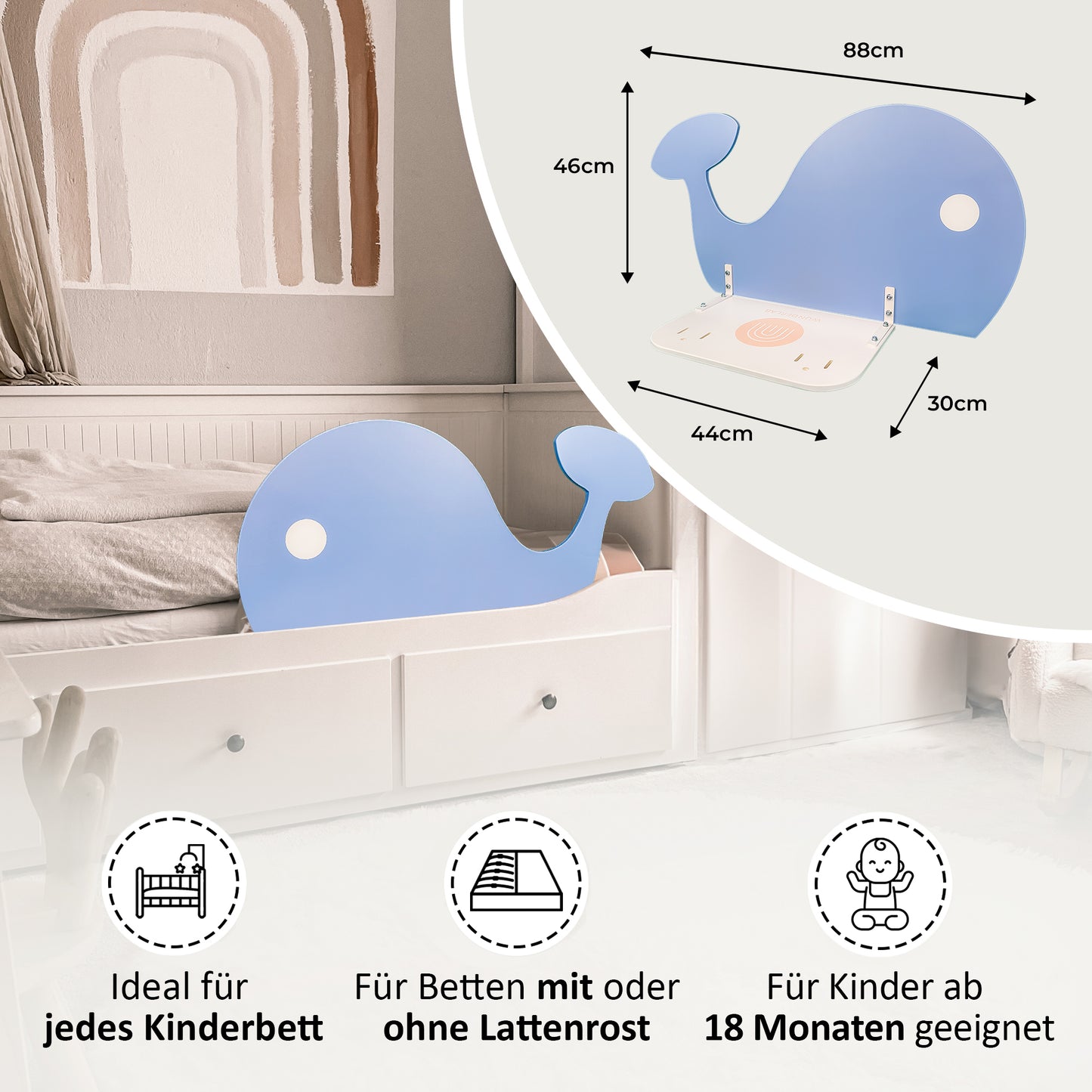 Bettgitter mit 88×46 cm – ideal für alle Kinderbetten ab 18 Monaten, auch ohne Lattenrost.