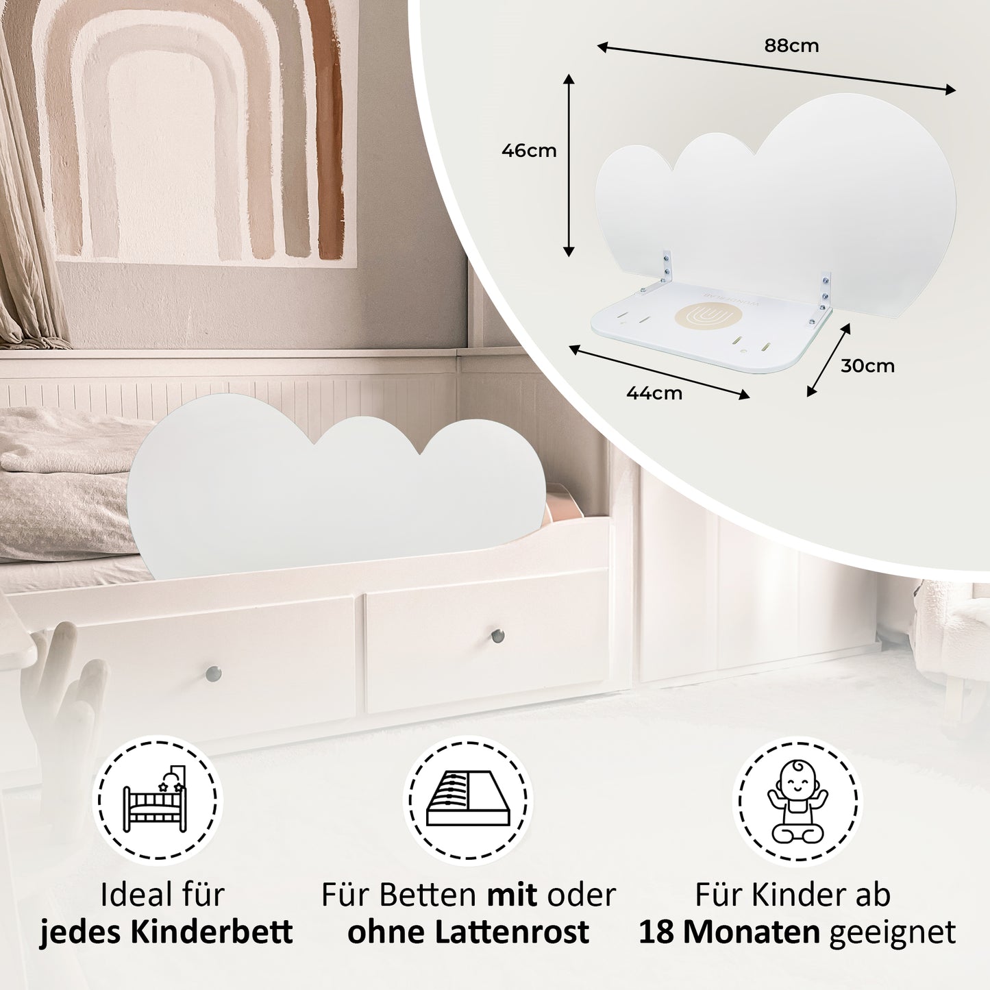 Bettgitter mit 88×46 cm – ideal für alle Kinderbetten ab 18 Monaten, auch ohne Lattenrost.