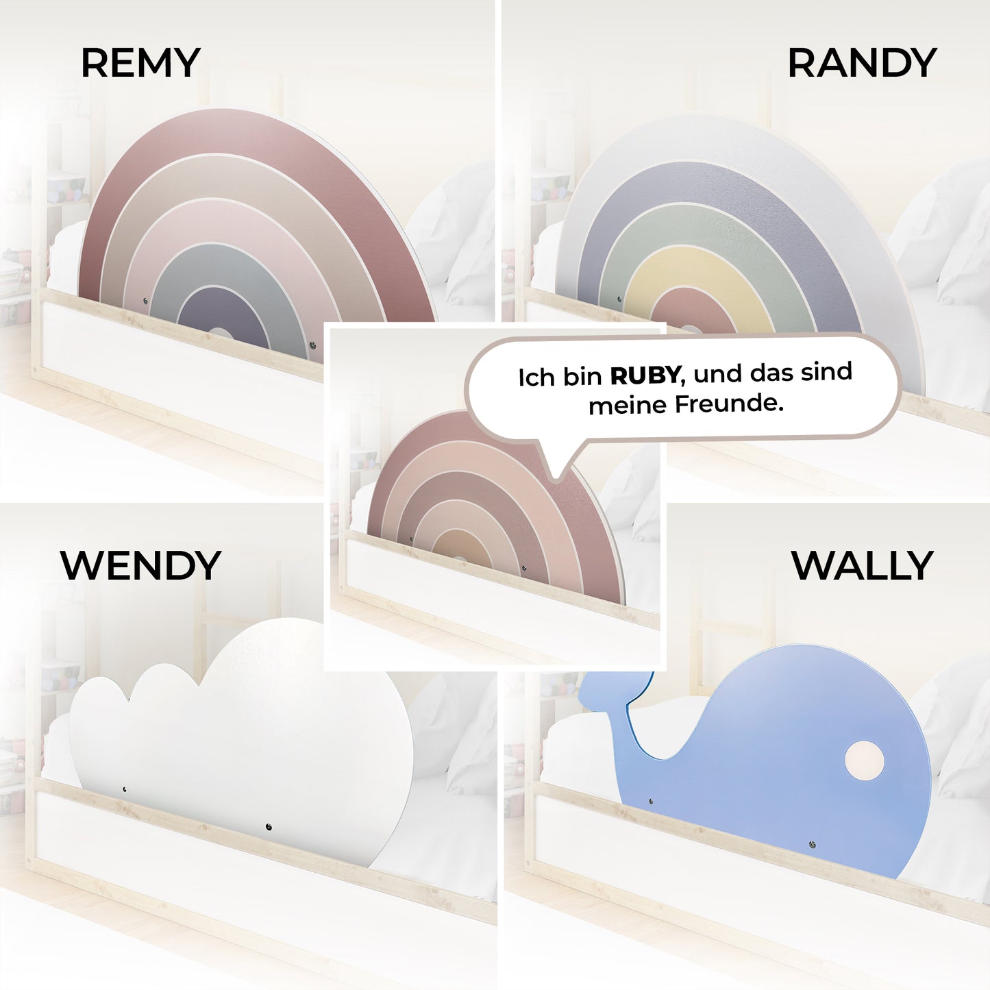 Übersicht der Wunderlab Rausfallschutz-Modelle: Remy, Ruby, Wendy, Randy, Wally – für jedes Kinderbett.