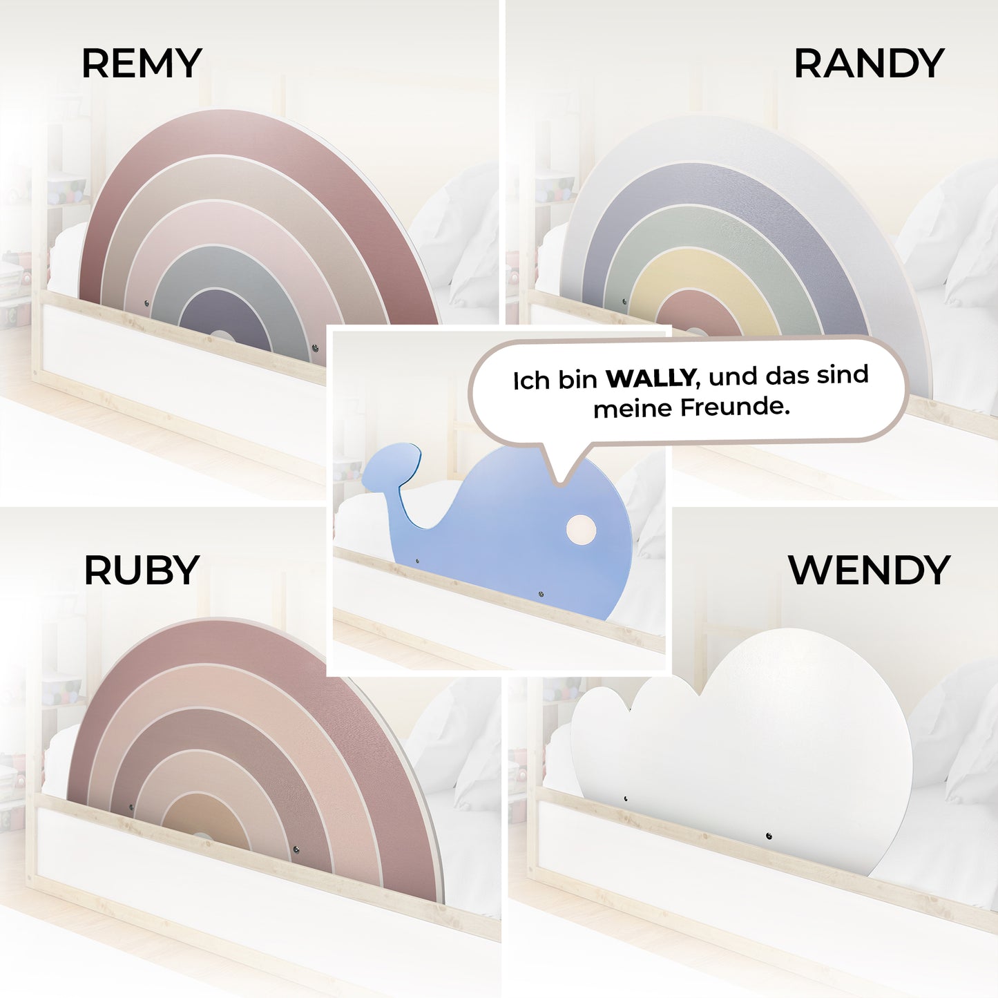 Übersicht der Wunderlab Rausfallschutz-Modelle: Remy, Ruby, Wendy, Randy, Wally – für jedes Kinderbett.