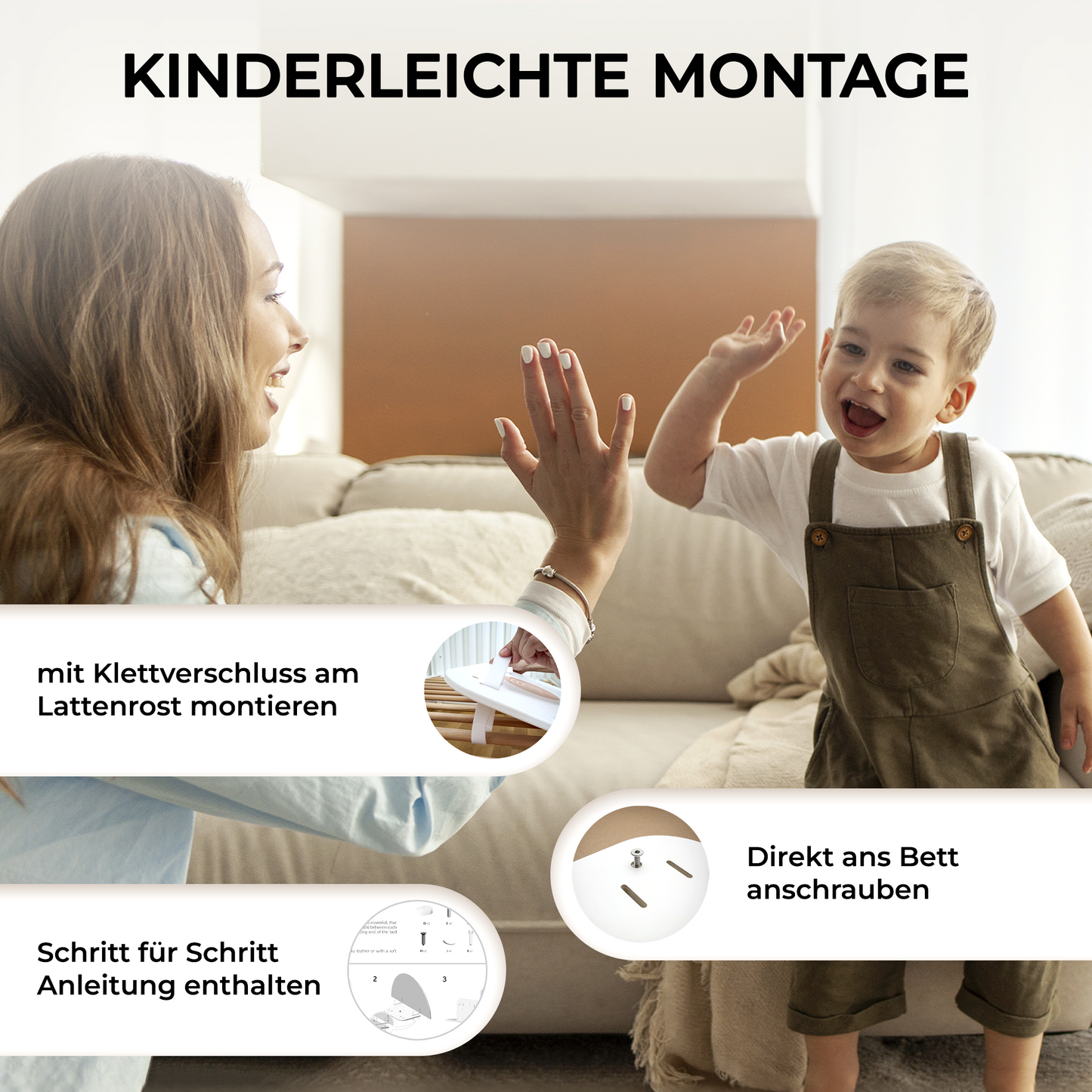 Kinderleichte Montage des Bettgitters mit Klett oder Schrauben – sicherer Halt am Kinderbett.