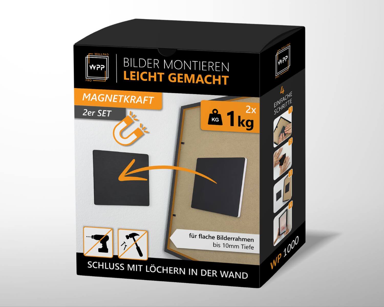 Verpackung WallPad Pro WP-1000 – Bilder aufhängen mit Magnetkraft, ganz ohne Werkzeug und Löcher in der Wand.