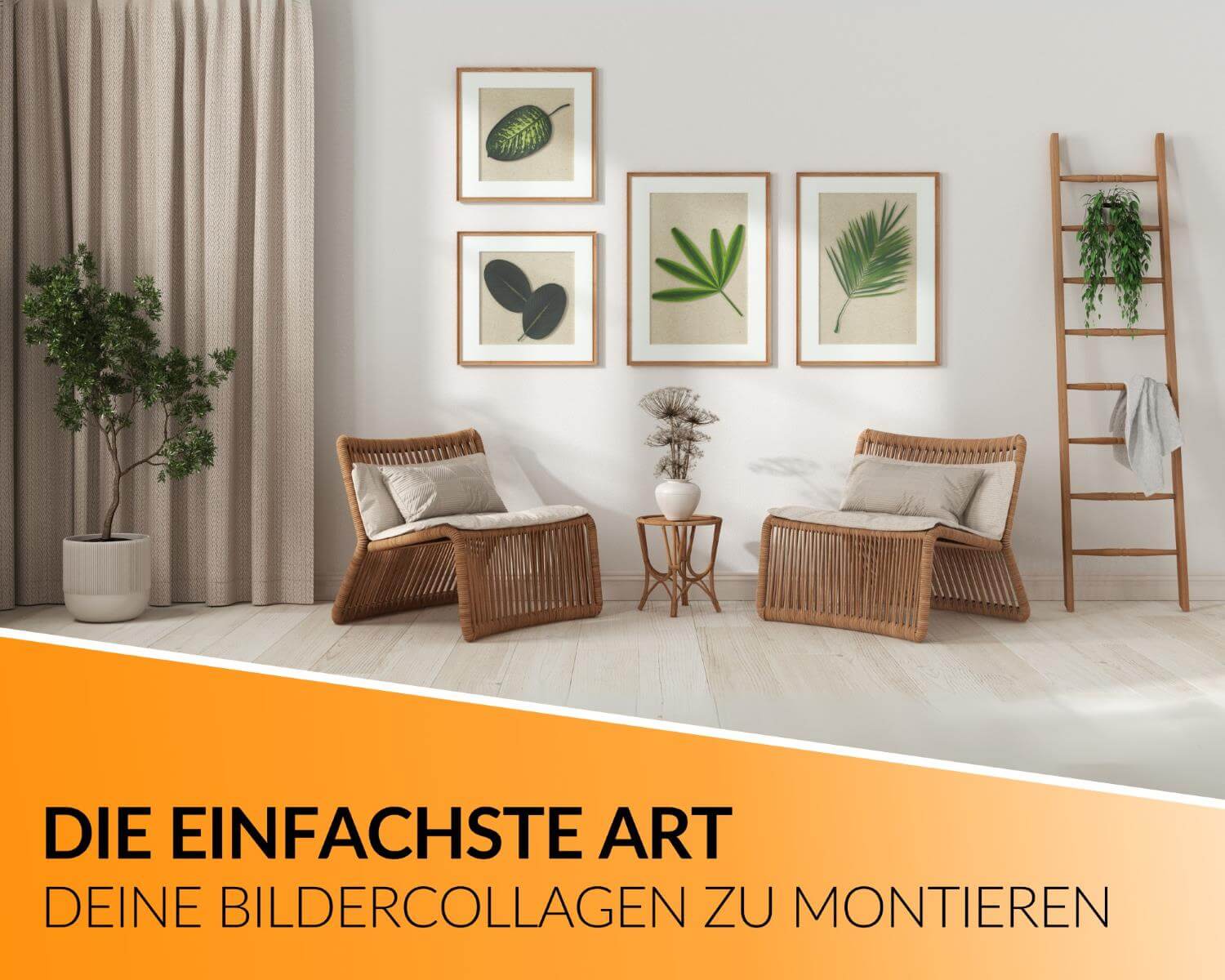 Stilvolle Bildercollage im Wohnzimmer mit WallPad Pro befestigt – ohne Nägel, ohne Werkzeug.
