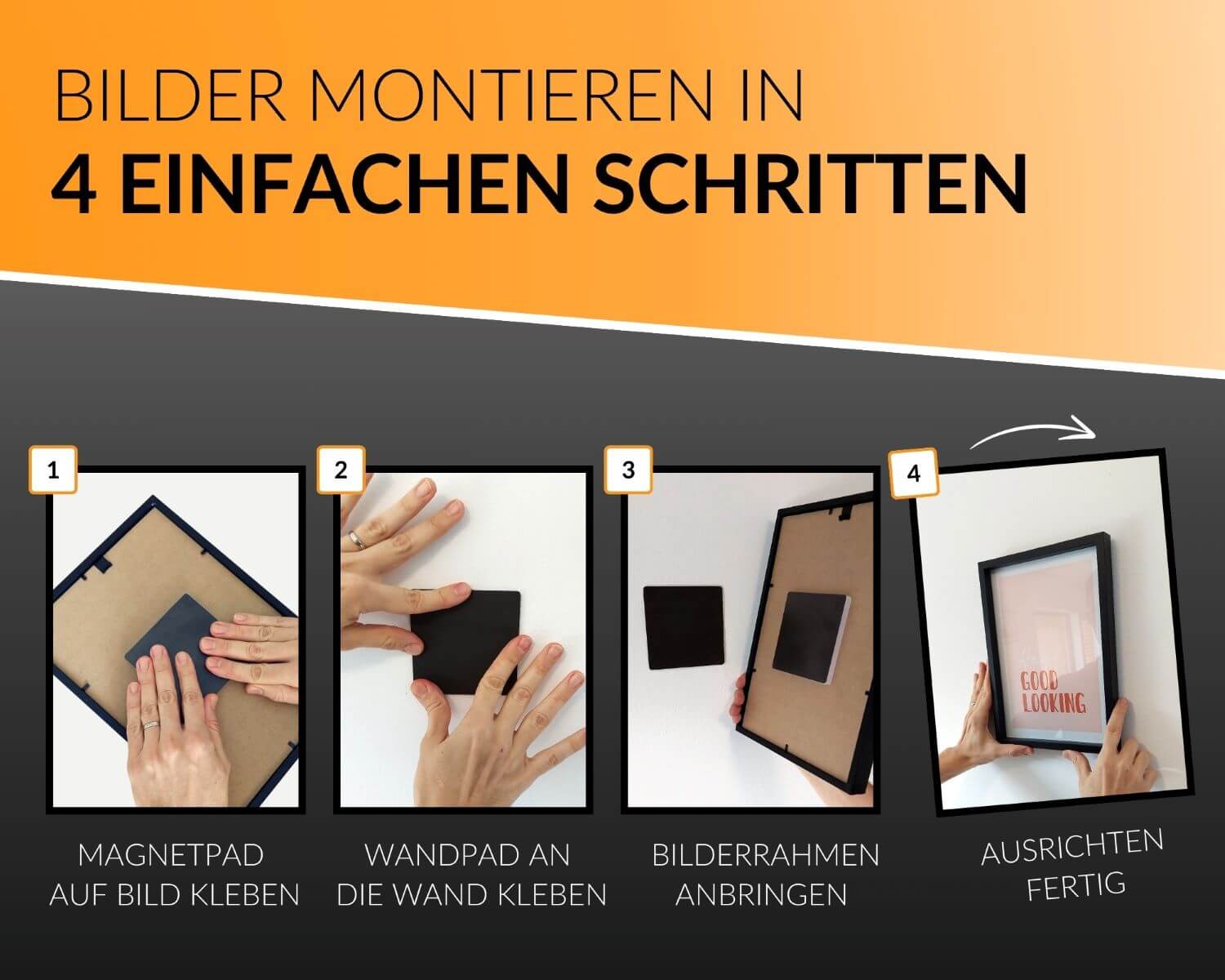 Schritt-für-Schritt Anleitung: Bilder mit WallPad Pro Magnetpads sicher und sauber anbringen.
