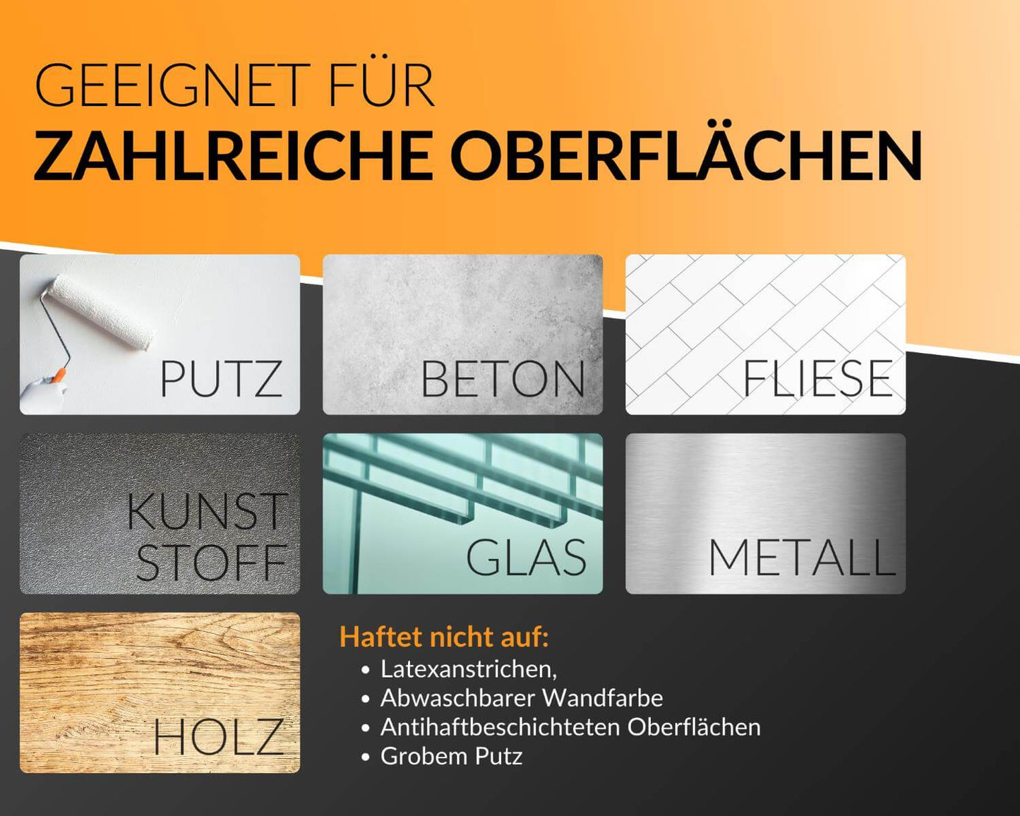 Geeignet für viele Oberflächen: WallPad Pro haftet auf Putz, Fliesen, Glas, Holz und Metall.