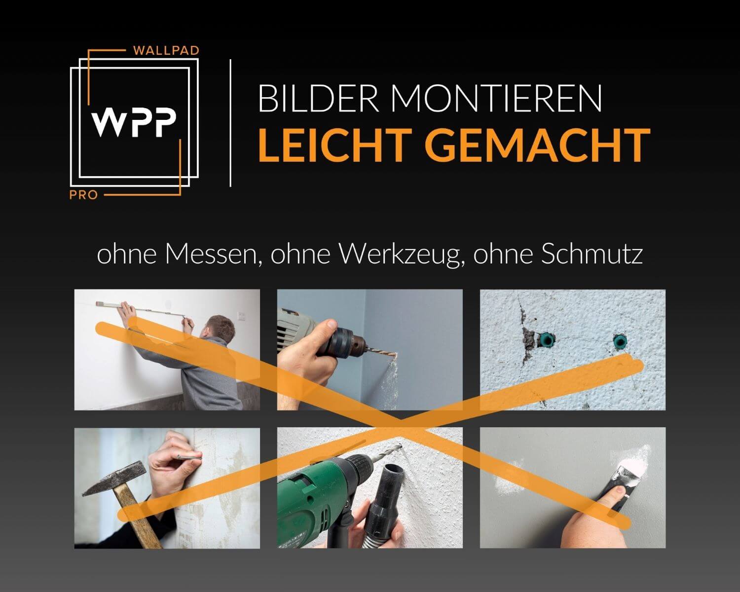 Vergleich: Bilder aufhängen ohne Werkzeug dank WallPad Pro Magnetpads – kein Bohren, kein Dreck.