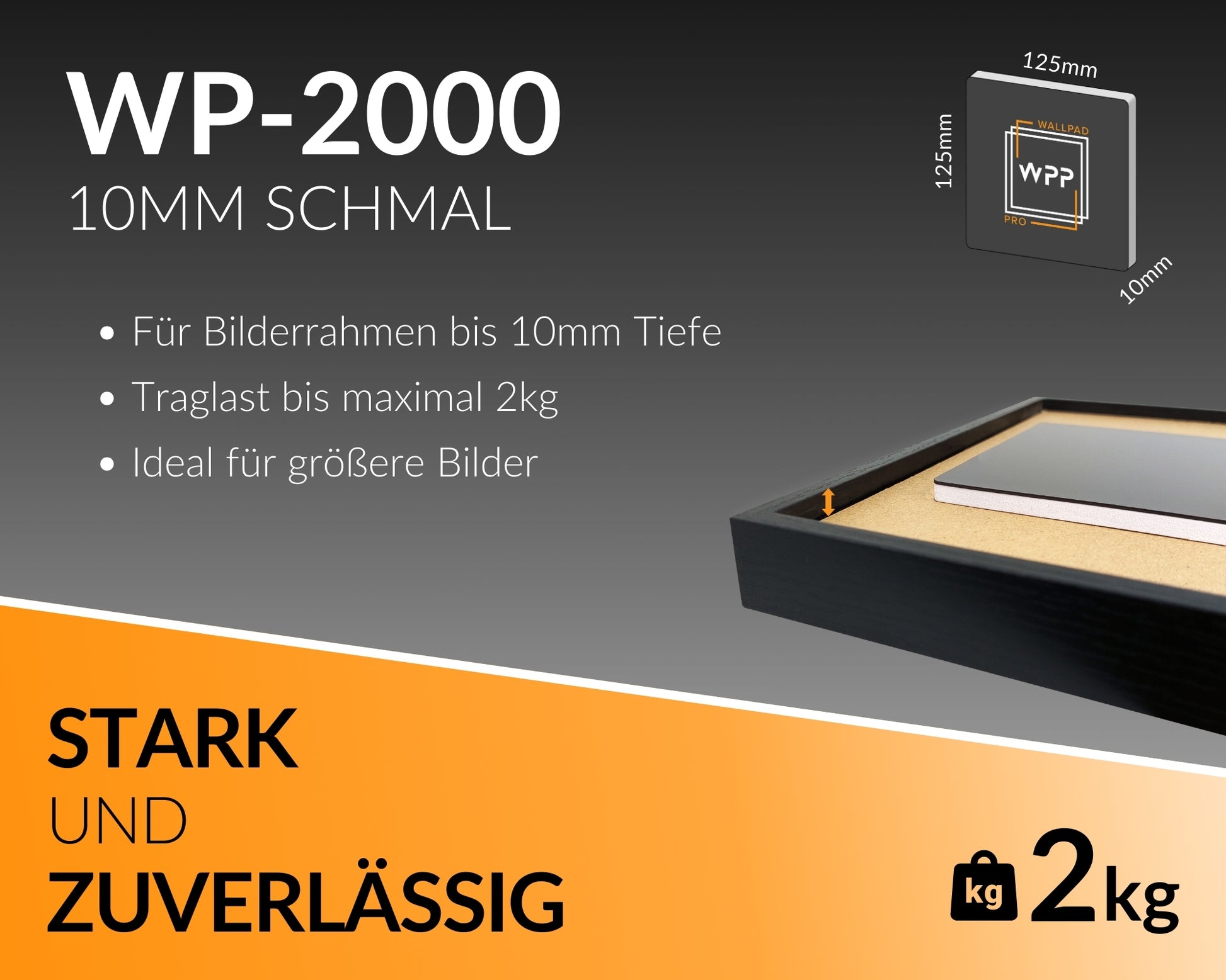 WallPad WP-2000 für flache Bilderrahmen bis 10 mm Tiefe – ideal für DIN A4, hält bis 12kg Gewicht.
