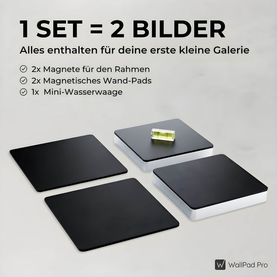 WallPad Pro Set Inhalt – Magnetpads, Wandpads und Wasserwaage für Bilder ohne Bohren