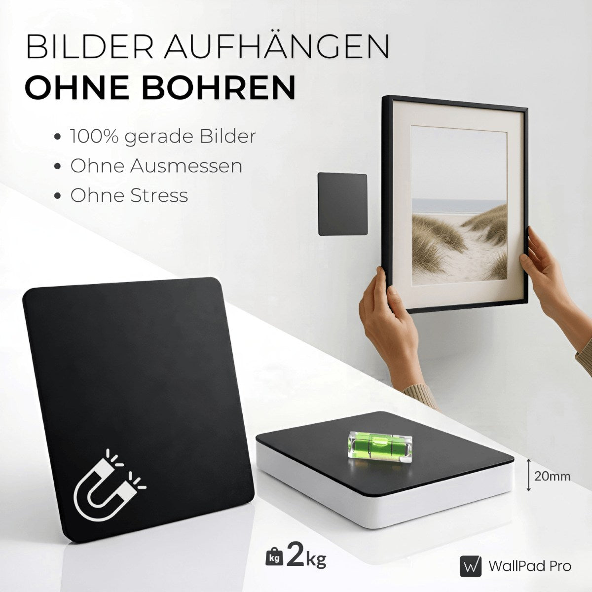 Bilderrahmen montieren ohne Bohren mit WallPad Pro – gerade ausrichten ohne Messen - WP2000-B2 - 2kg - 20mm
