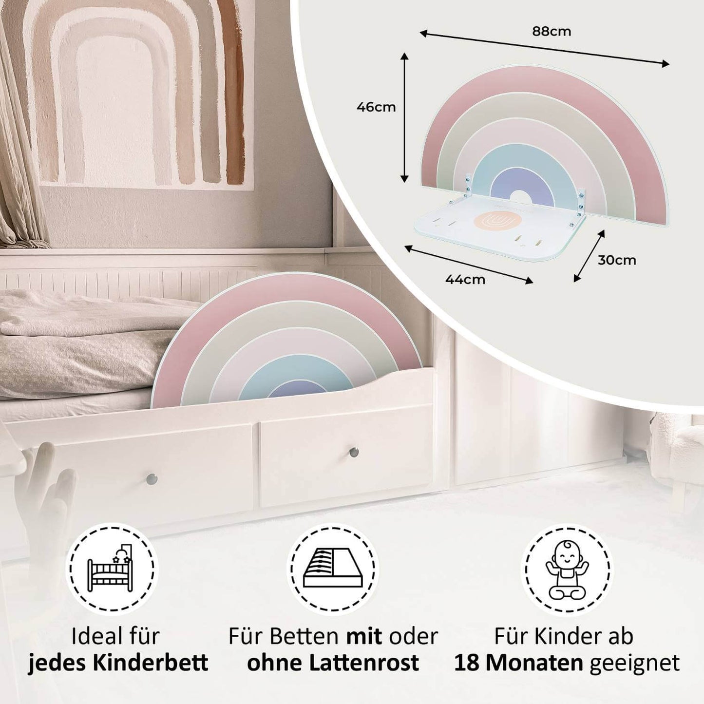 Remy Regenbogen-Rausfallschutz – ideal für alle Kinderbetten mit und ohne Lattenrost, ab 18 Monaten
