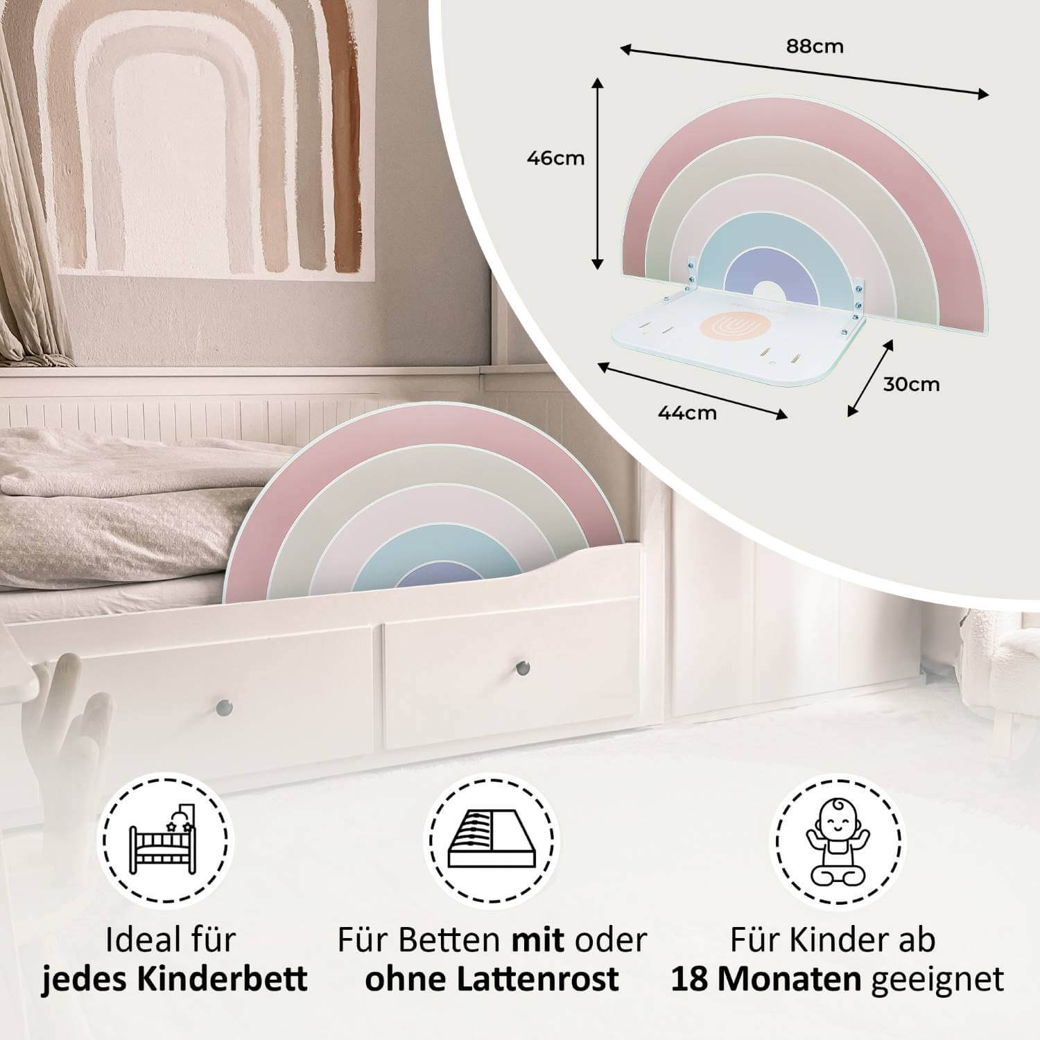 Remy Regenbogen-Rausfallschutz – ideal für alle Kinderbetten mit und ohne Lattenrost, ab 18 Monaten